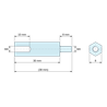 Disegno quotato 30 mm / 8 mm, Distanziatore esagonale filettato maschio/femmina in poliammide PA6.6 UL94-HB M4 - chiave da 8 mm