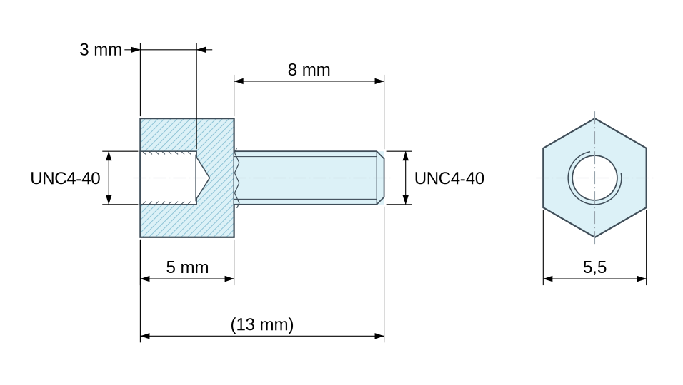 Disegno quotato Distanziatore esagonale filettato maschio/femmina in poliammide PA6.6 UL94-V2 UNC4-40 - chiave da 5,5 mm Disegno quotato Distanziatore esagonale filettato maschio/femmina in poliammide PA6.6 UL94-V2 UNC4-40 - chiave da 5,5 mm
