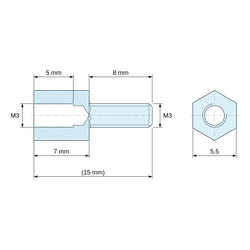 Disegno quotato 7 mm / 8 mm, Distanziatore esagonale filettato maschio/femmina ottone nichelato al piombo M3 - chiave da 5,5 mm