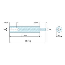 Disegno quotato 30 mm / 6 mm, Distanziatore esagonale filettato maschio/femmina ottone nichelato al piombo M3 - chiave da 5,5 mm