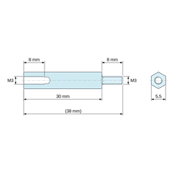 Disegno quotato 30 mm / 8 mm, Distanziatore esagonale filettato maschio/femmina ottone nichelato al piombo M3 - chiave da 5,5 mm