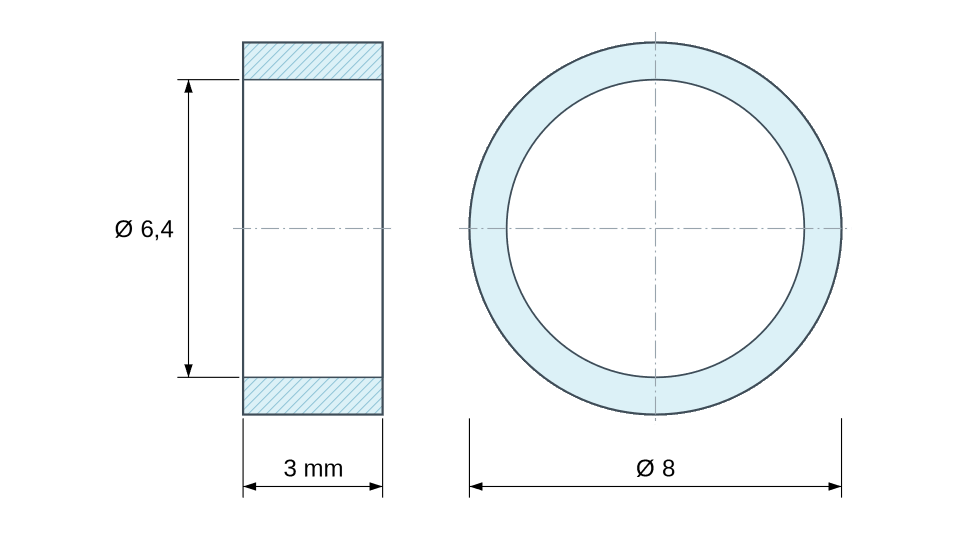 Disegno quotato: Distanziatore liscio in acciaio inossidabile Ø6,4x8mm per vite M6