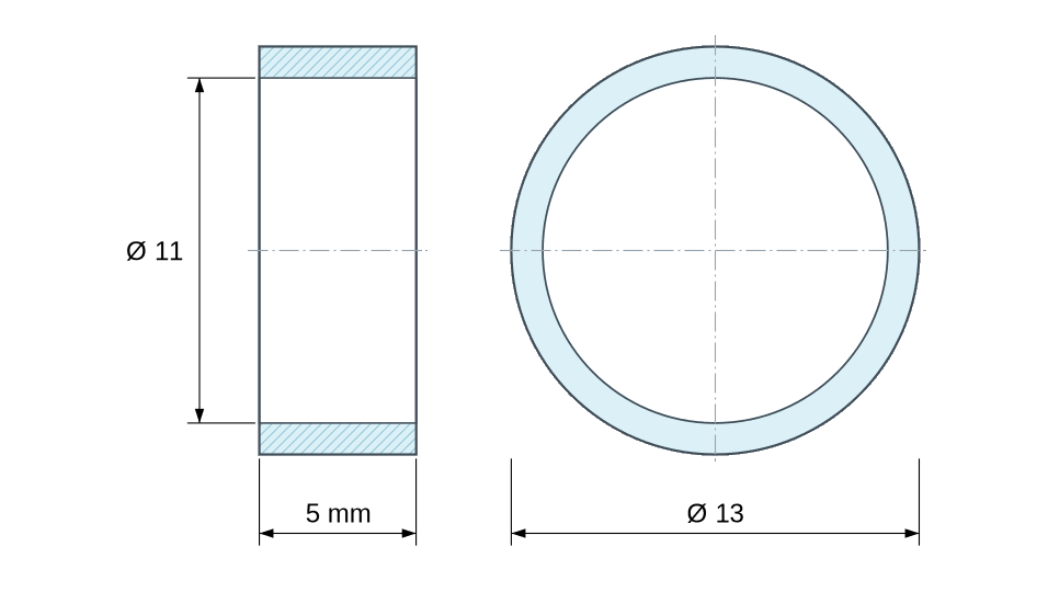 Disegno quotato: Distanziatore liscio in acciaio inossidabile Ø11x13mm per vite M10