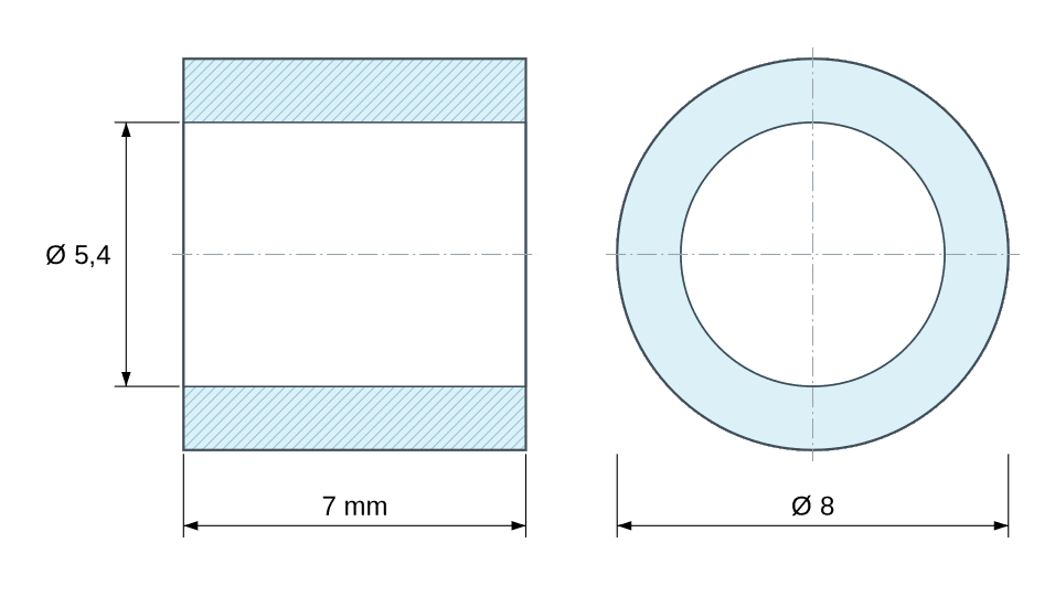 Disegno quotato Distanziatore liscio in acciaio inossidabile Ø5,4x8mm per vite M5
