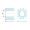 Disegno quotato 7 mm, Distanziatore esagonale filettato femmina/femmina acciaio zincato blu al piombo M5