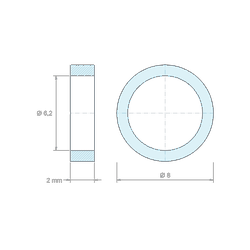 Disegno quotato 2 mm, Distanziatore liscio in poliammide PA6 rinforzata con fibra di vetro Ø6,2x8mm per vite M6