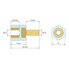 Disegno quotato 7 mm, Distanziatore isolante esagonale filettato maschio/femmina in PA6 con inserto in ottone M2,5 - 6 mm chiave
