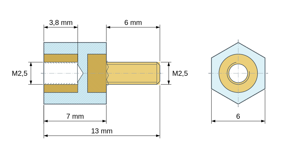 Disegno quotato: Distanziatore isolante esagonale filettato maschio/femmina in plastica PA6 con inserto in ottone M2,5 - 6 mm chiave