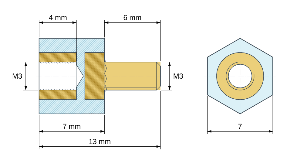 Disegno quotato: Distanziatore isolante esagonale filettato maschio/femmina in plastica PA6 con inserto in ottone M3 - 7 mm chiave