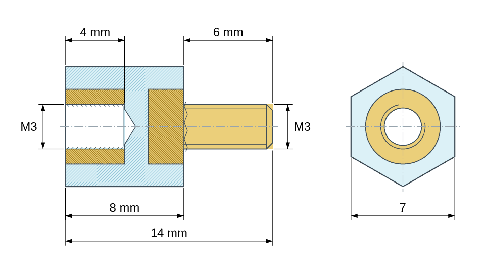 Disegno quotato Distanziatore isolante esagonale filettato maschio/femmina in PA6 con inserto in ottone M3 - 7 mm chiave