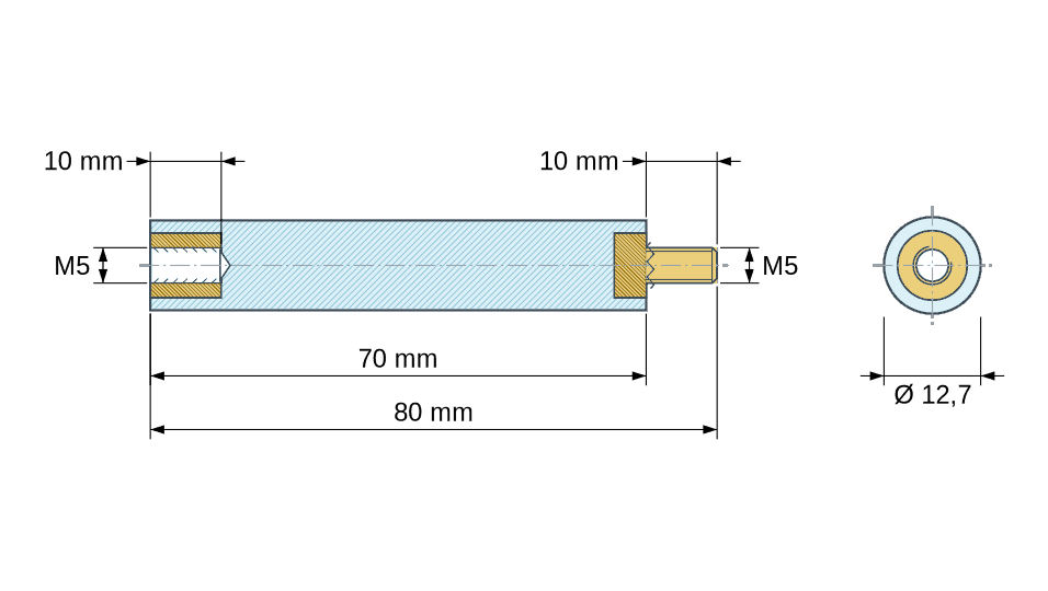 Disegno quotato: Distanziatore isolante tondo filettato maschio/femmina in plastica PA6.6 con inserto in ottone M5 - Ø12,7 mm