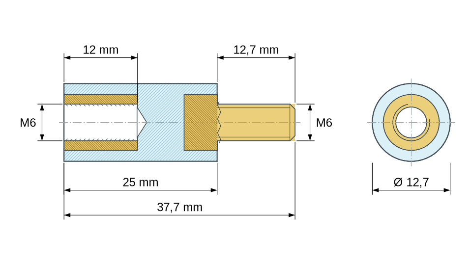 Disegno quotato: Distanziatore isolante tondo filettato maschio/femmina in plastica PA6.6 con inserto in ottone M6 - Ø12,7 mm