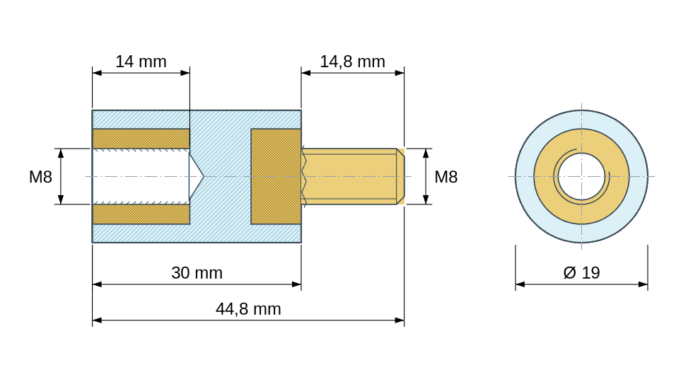 Disegno quotato: Distanziatore isolante tondo filettato maschio/femmina in plastica PA6.6 con inserto in ottone M8 - Ø19 mm