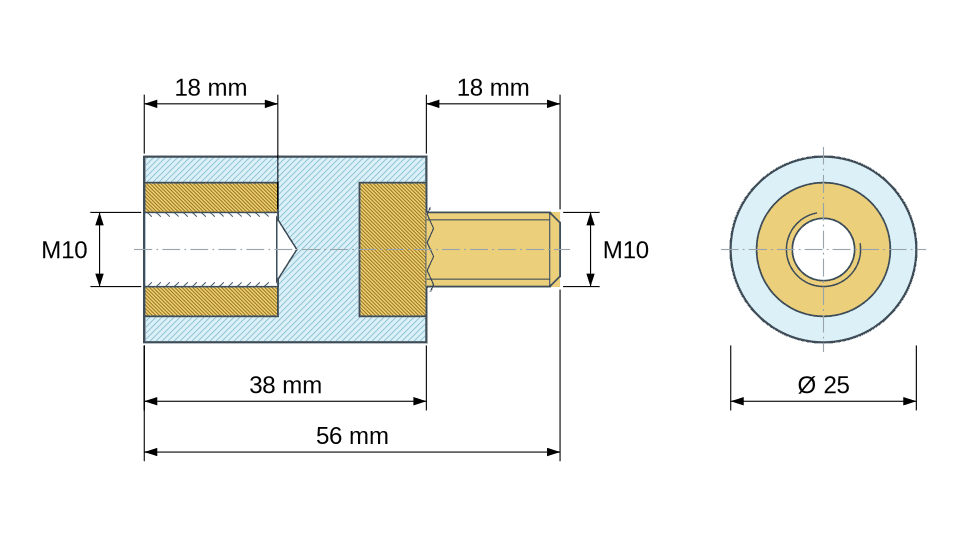 Disegno quotato: Distanziatore isolante tondo filettato maschio/femmina in plastica PA6.6 con inserto in ottone M10 - Ø25 mm
