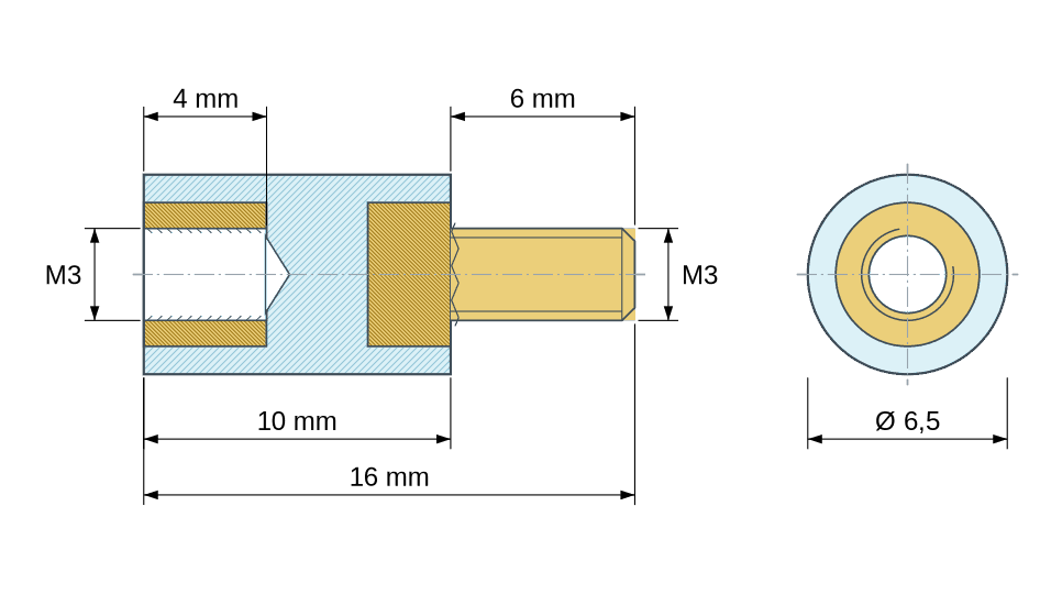 Disegno quotato: Distanziatore isolante tondo filettato maschio/femmina in plastica PA6.6 con inserto in ottone M3 - Ø6,5 mm