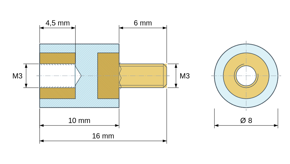 Disegno quotato: Distanziatore isolante tondo filettato maschio/femmina in plastica PA6.6 con inserto in ottone M3 - Ø8 mm