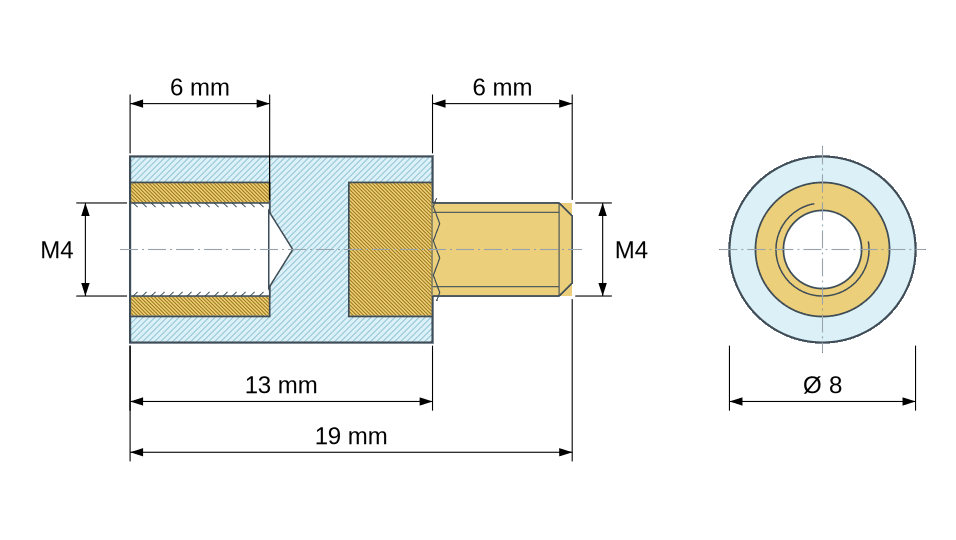 Disegno quotato: Distanziatore isolante tondo filettato maschio/femmina in plastica PA6.6 con inserto in ottone M4 - Ø8 mm