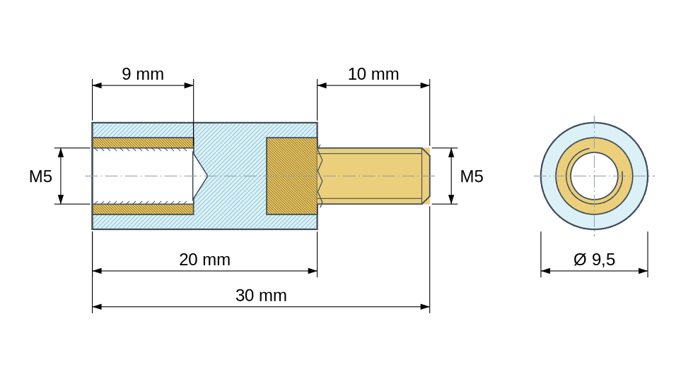 Disegno quotato: Distanziatore isolante tondo filettato maschio/femmina in plastica PA6.6 con inserto in ottone M5 - Ø9,5 mm