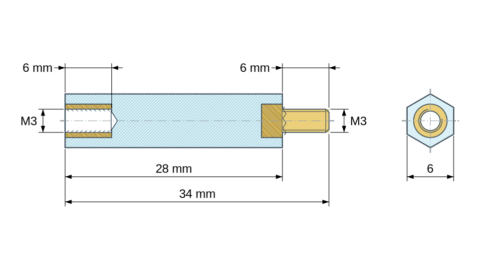 Disegno quotato: Distanziatore isolante esagonale filettato maschio/femmina in plastica PA6.6 UL94-HB con inserto in ottone M3 - 6 mm chiave