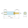 Disegno quotato 22 mm, Distanziatore isolante esagonale filettato maschio/femmina in PA6.6 UL94-V2 con inserto in ottone M3 - 6 mm chiave
