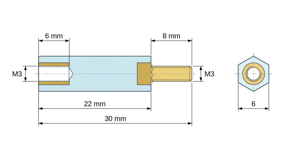 Disegno quotato: Distanziatore isolante esagonale filettato maschio/femmina in plastica PA6.6 UL94-V2 con inserto in ottone M3 - 6 mm chiave