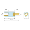 Disegno quotato 15 mm, Distanziatore isolante esagonale filettato maschio/femmina in PA6.6 con inserto in ottone M3 - 6,4 mm chiave