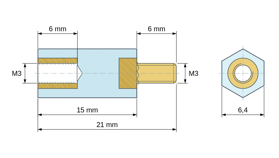 Disegno quotato: Distanziatore isolante esagonale filettato maschio/femmina in plastica PA6.6 con inserto in ottone M3 - 6,4 mm chiave