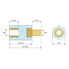 Disegno quotato 15 mm, Distanziatore isolante esagonale filettato maschio/femmina in PA6.6 con inserto in ottone M4 - 8,4 mm chiave