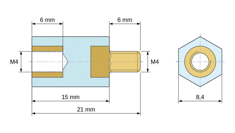 Disegno quotato: Distanziatore isolante esagonale filettato maschio/femmina in plastica PA6.6 con inserto in ottone M4 - 8,4 mm chiave