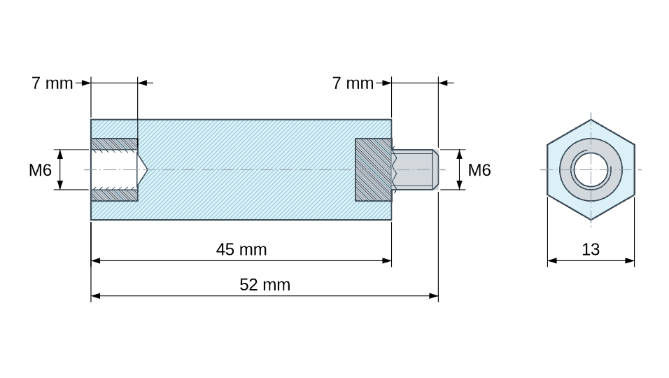 Disegno quotato: Distanziatore isolante esagonale filettato maschio/femmina in plastica PA6.6 con inserto in acciaio M6 - 13 mm chiave