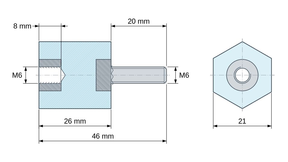 Disegno quotato: Distanziatore isolante esagonale filettato maschio/femmina in plastica poliestere con inserto in acciaio M6 - 21 mm chiave