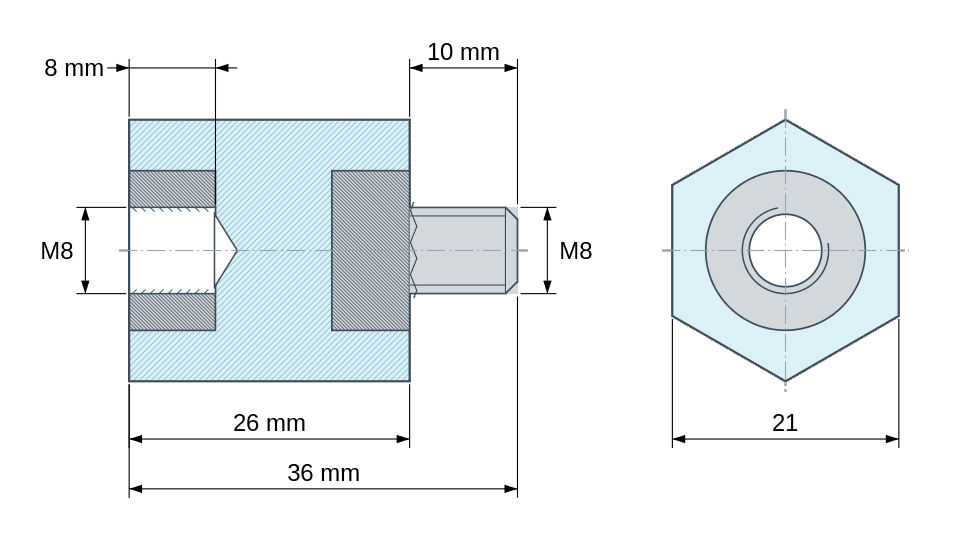 Disegno quotato: Distanziatore isolante esagonale filettato maschio/femmina in plastica poliestere con inserto in acciaio M8 - 21 mm chiave
