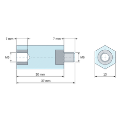 Disegno quotato 30 mm, Distanziatore isolante esagonale filettato maschio/femmina in polistirene con inserto in acciaio M6 - 13 mm chiave