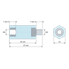 Disegno quotato 30 mm, Distanziatore isolante esagonale filettato maschio/femmina in polistirene con inserto in acciaio M6 - 13 mm chiave