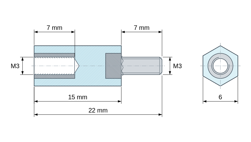 Disegno quotato: Distanziatore isolante esagonale filettato maschio/femmina in plastica polistirene con inserto in acciaio M3 - 6 mm chiave