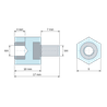 Disegno quotato 10 mm, Distanziatore isolante esagonale filettato maschio/femmina in polistirene con inserto in acciaio M4 - 9 mm chiave