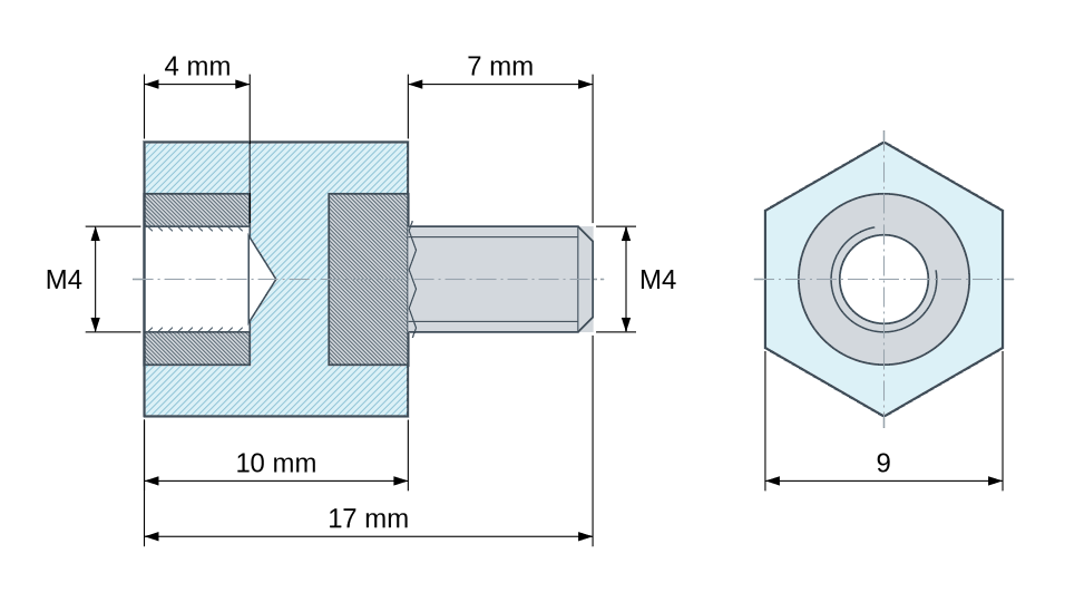 Disegno quotato: Distanziatore isolante esagonale filettato maschio/femmina in plastica polistirene con inserto in acciaio M4 - 9 mm chiave