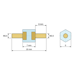 Disegno quotato 7 mm, Distanziatore isolante esagonale filettato maschio/maschio in PA6 con inserto in ottone M2,5 - 6 mm chiave