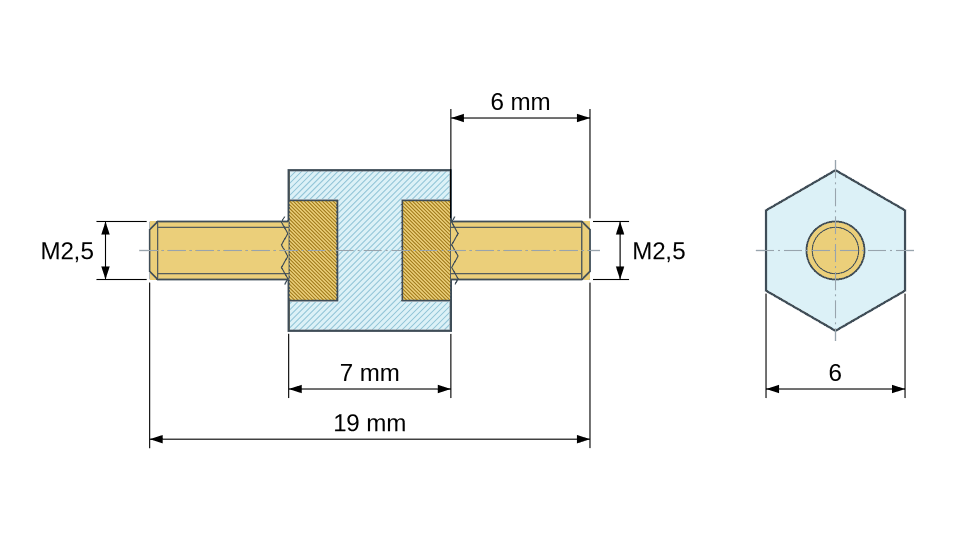 Disegno quotato Distanziatore isolante esagonale filettato maschio/maschio in PA6 con inserto in ottone M2,5 - 6 mm chiave