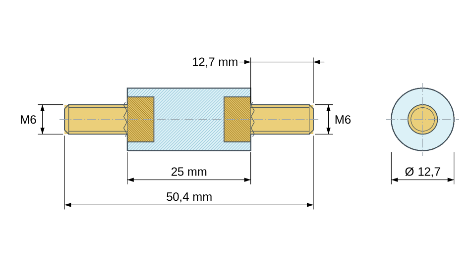 Disegno quotato: Distanziatore isolante tondo filettato maschio/maschio in plastica PA6.6 con inserto in ottone M6 - Ø12,7 mm