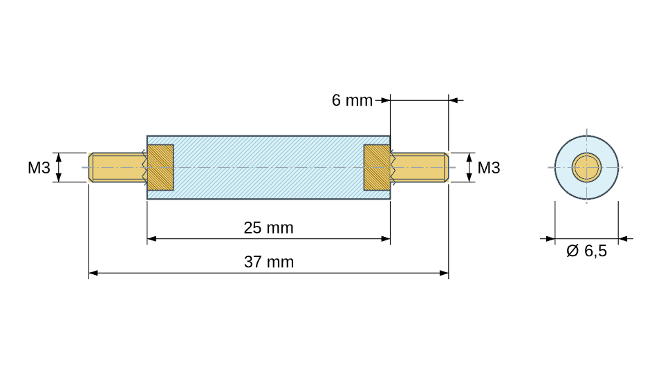 Disegno quotato: Distanziatore isolante tondo filettato maschio/maschio in plastica PA6.6 con inserto in ottone M3 - Ø6,5 mm