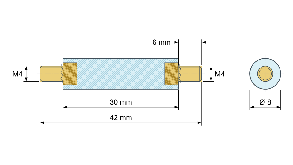 Disegno quotato: Distanziatore isolante tondo filettato maschio/maschio in plastica PA6.6 con inserto in ottone M4 - Ø8 mm
