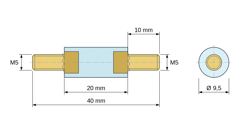 Disegno quotato: Distanziatore isolante tondo filettato maschio/maschio in plastica PA6.6 con inserto in ottone M5 - Ø9,5 mm