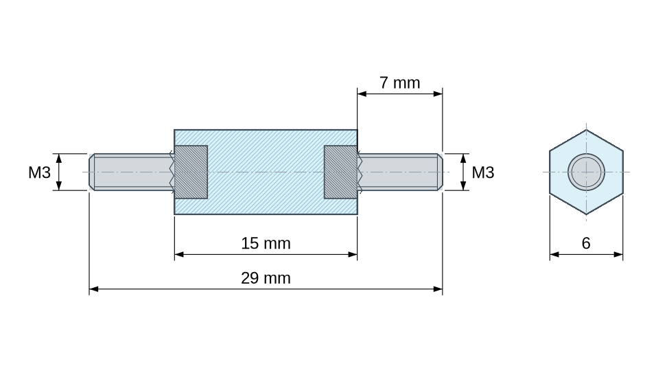 Disegno quotato: Distanziatore isolante esagonale filettato maschio/maschio in plastica polistirene con inserto in acciaio M3 - 6 mm chiave