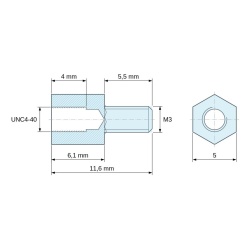 Disegno quotato 6,1 mm / 5,5 mm, Distanziatore esagonale filettato maschio/femmina acciaio inox UNC4-40 / M3 - 5 mm apertura chiave
