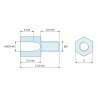 Disegno quotato 6,1 mm / 5,5 mm, Distanziatore esagonale filettato maschio/femmina acciaio inox UNC4-40 / M3 - 5 mm apertura chiave