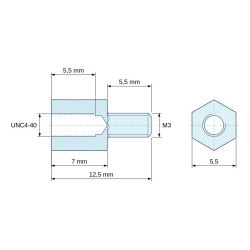 Disegno quotato 7 mm / 5,5 mm, Distanziatore esagonale filettato maschio/femmina acciaio inox UNC4-40 / M3 - 5,5 mm apertura chiave