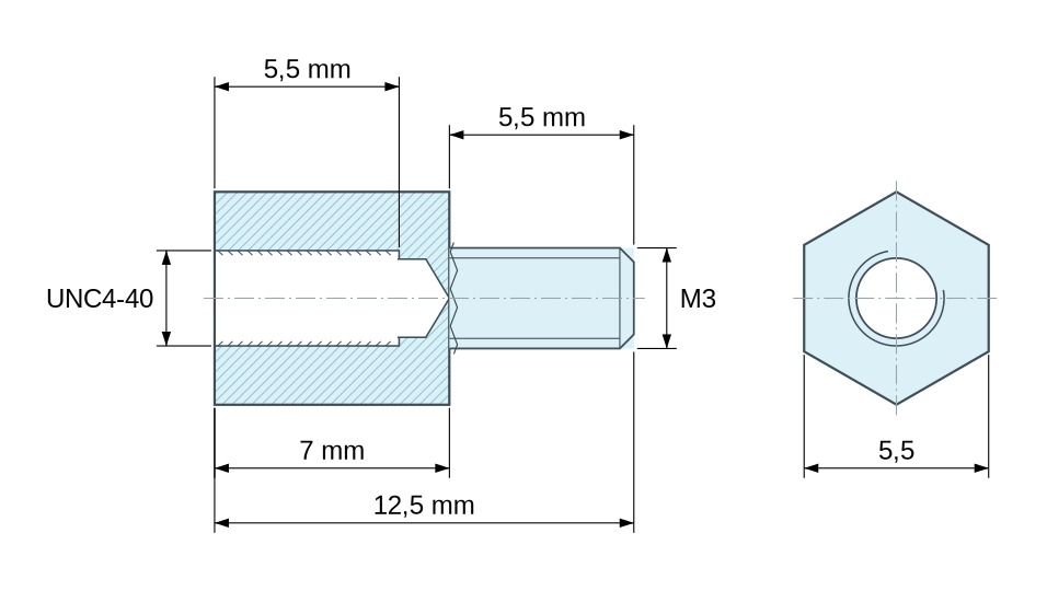 Disegno quotato Distanziatore esagonale filettato maschio/femmina acciaio inox UNC4-40 / M3 - 5,5 mm apertura chiave