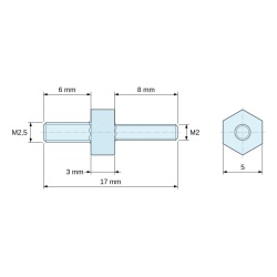 Disegno quotato 3 mm / 8 mm, Distanziatore esagonale filettato maschio/maschio acciaio inox M2,5 / M2 - 5 mm apertura chiave, gambi da 6 e 8 mm