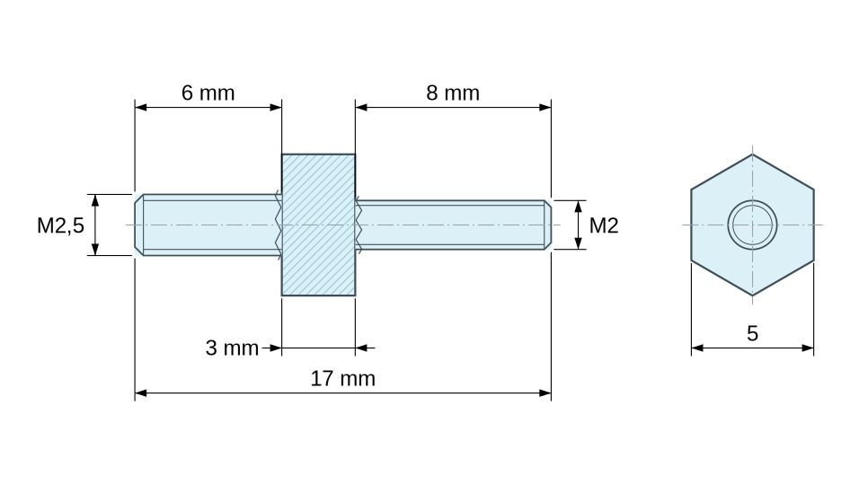Disegno quotato Distanziatore esagonale filettato maschio/maschio acciaio inox M2,5 / M2 - 5 mm apertura chiave, gambi da 6 e 8 mm